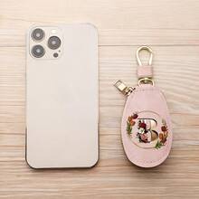 Floral Wreath Letter A-Z Car Key Holder, Mini Car Key Storage Bag, PU Leather Keychain Wallet, Zipper Pouch, Car Key Organizer, Car Keychain, Unisex Gift - Multicolor - View 7