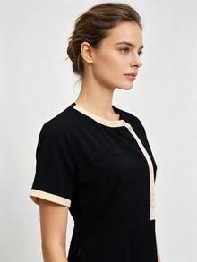 Piped Solid Color Small Round Neck Short Sleeve Multi-Pocket Set, Women's Slim Fit Professional Fashion Commute Workwear, Beauty Salon Maternity Center Business Suit - Black - View 3