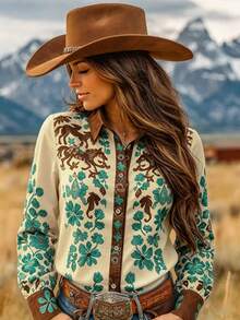 VEXHEIMA Women's Western Style Fashion Vintage Colorblock Horse & Floral Embroidery Print Lapel Long Sleeve Blouse, Versatile - Multicolor - View 3