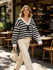 New Style Striped And Multicolored Lace V-Neck Long-Sleeved Plus Size Women's Knitted Sweater For Autumn And Winter - Multicolor - View 4