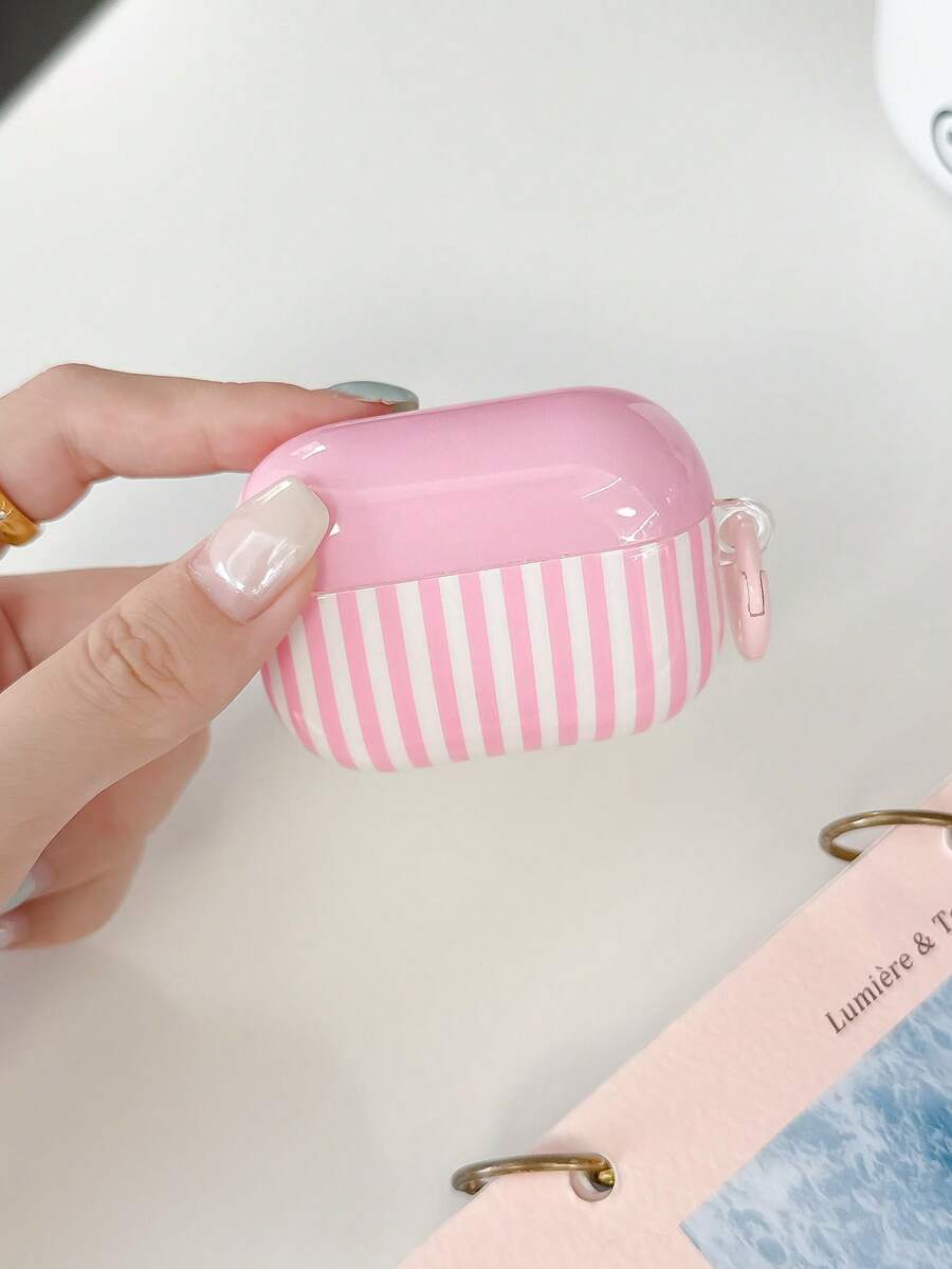 Cute Pink Stripe Earbud Case Cover, Glossy Hard Shell Protective Earphone Case With Keychain, Shock‑Resistant Decor Earbuds Protector, Portable Earbud - Multicolor - View 1