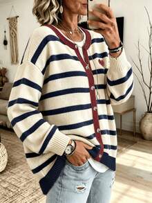 Plus Size Striped Heart Knit Cardigan, Long Sleeve Button Front Crew Neck Sweater Jacket, Casual Loose Fall Winter Women Knit Outerwear - Multicolor - View 4