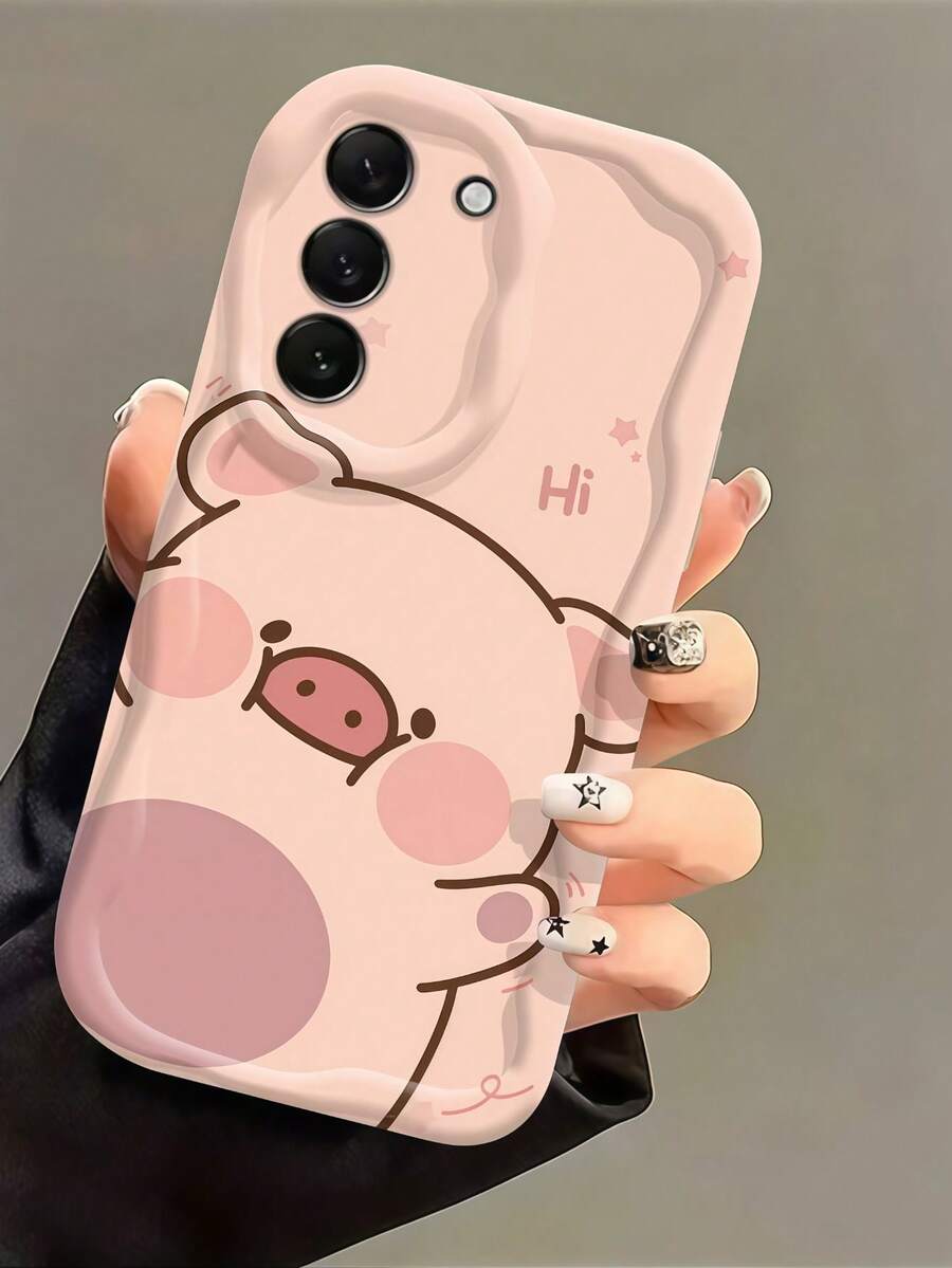1pc Creamy Big Wave Ins Shockproof Anti-Drop Protective Phone Case, Cute Peeking Pig Phone Shell, Cartoon High Pink Pig Star Print Soft TPU Shockproof Protective Phone Case, Compatible With Android Devices Anti-Drop Protective Shell Compatible With Samsung, Series Phones - White - View 1