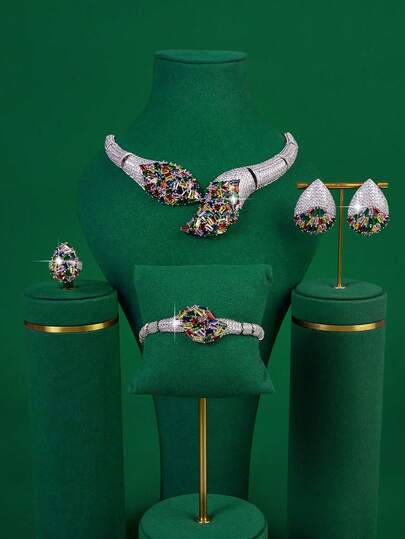 Conjunto de joyería de 5 piezas con gota de agua dorada, cadena asimétrica, collar, pendientes, anillo y pulsera, adecuado para fiesta de danza del Medio Oriente, conjunto exagerado, fiesta, collar asimétrico con borlas y strass, banquete, cita diaria, vestido de noche, vestido de novia, conjunto de joyería de lujo, conjunto de joyería de diamante artificial, talla única, conjunto de 5 piezas de circonita, collar, pendientes, anillo y pulsera brillantes con strass completo, talla única, regalo para novia, madre, maestra