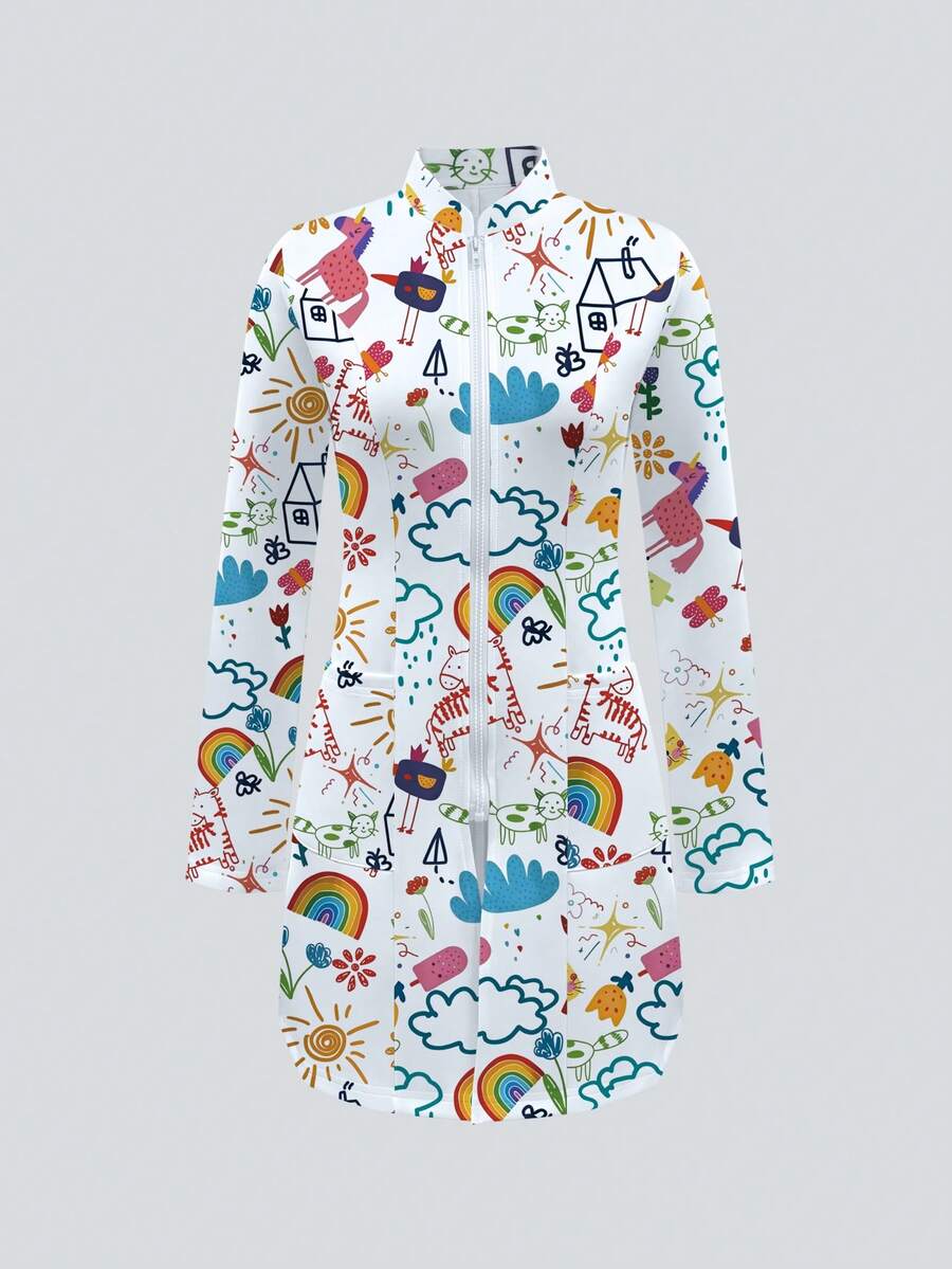 Women's Printed Zipper Front Double Pocket Lab Coat - White - View 1