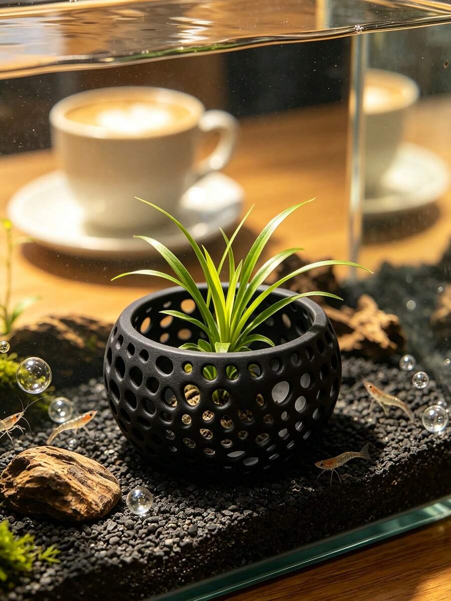 Pot Budidaya Rumput Laut Berongga Cetak 3D, Pot Penahan Tanaman Air Akuarium, Tempat Persembunyian Ikan & Udang Bulat dengan Banyak Lubang, Aksesori Dekorasi Lanskap Bawah Air - A - View 1