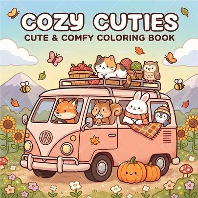 GDTME Cozy Cuties Themed Coloring Book: Bold-Easy Patterns Coloring Book For Adults And Children, Woodland Animals, Autumn Pumpkin, Camping & Picnic Scene Coloring Pages, Holiday Present For School Supplies, Halloween, Christmas And Various Party Gathering