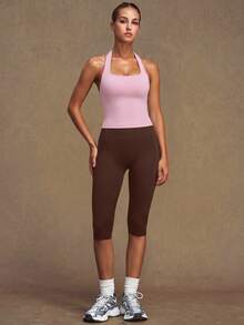 VVX Women's 2 Pieces Workout Set Capri Yoga Legging High Waist Tummy Control Halter Neck Backless Sports Tank Top Slim Gym Suit - Pink - View 7