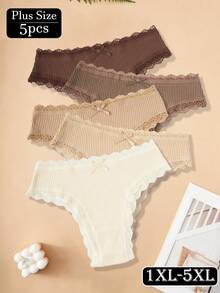 5pcs Plus Size Women's Panties, Bow Design, Lace Trim, Ribbed, Comfortable Soft, High Quality Earth Tone - Multicolor - View 4