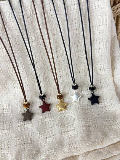 1pc Colorful Five-Pointed Star Pendant Wax Rope Pull Necklace, Luxury High-End Style, Autumn/Winter Sweatshirt Chain, Long Sweatshirt Chain Accessory