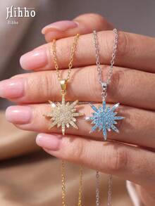 Hihho 1pc Bohemian 8-Pointed Star Necklace With Sparkling Zirconia Pendant, Layered Neck Chain For Women - Sun Star Radiance - View 2