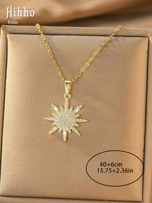 Hihho 1pc Bohemian 8-Pointed Star Necklace With Sparkling Zirconia Pendant, Layered Neck Chain For Women - Sun Star Radiance - View 8