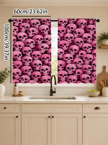 2PCS, Pink Skull Print Curtains, Dark Sweet Cool Style, Halloween Party Home Decor Fabric Curtains - Multicolor - View 17