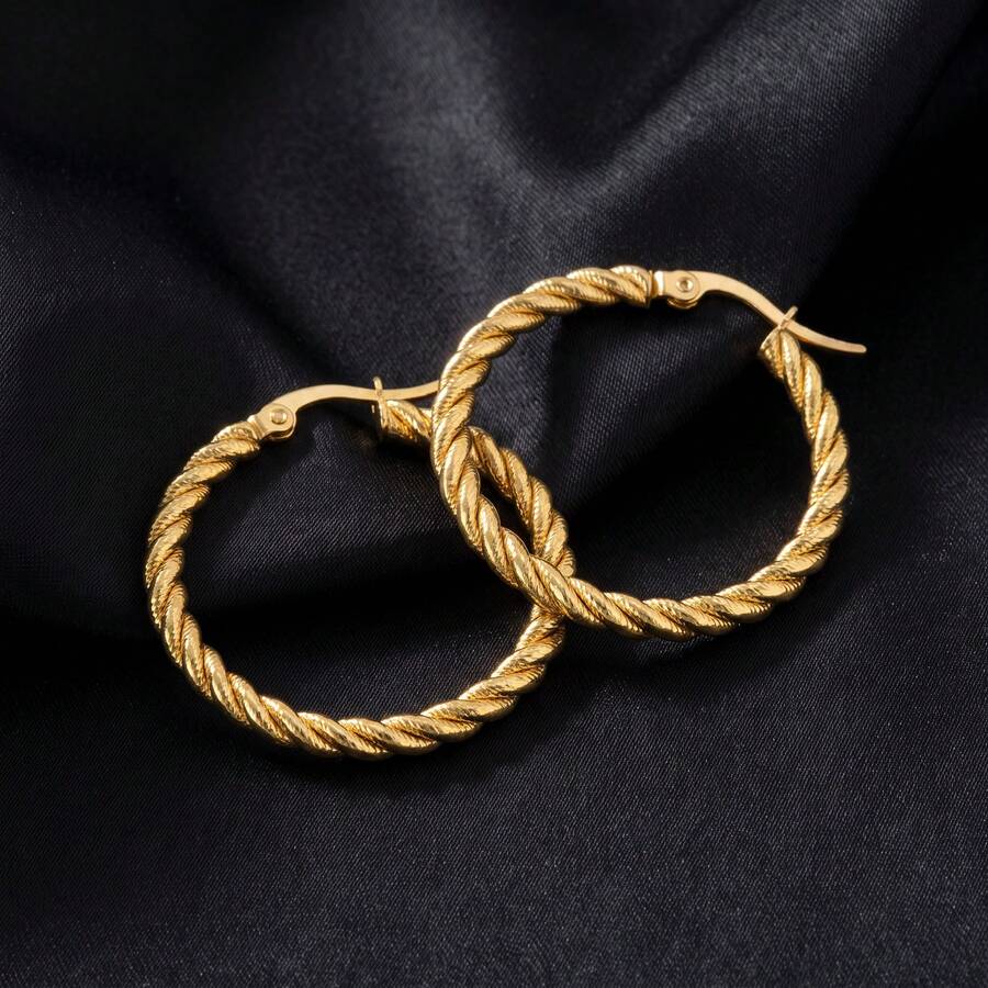 1 Pair Minimalist 18K Gold-Plated Twist Gold Wire Texture Sparkling Stainless Steel Earrings For Women Daily Wear - Gold - View 1