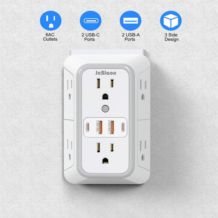 防湧浪插座擴展器 6 個 AC 插孔 4 個 USB 埠(含 2 個 USB-C)三面壁掛式電源接線板 多插孔分接器,適用居家、辦公室與旅行 - 白色 - 查看 1