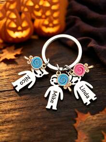 Halloween Custom Candy Keychain, Trick-Or-Treat Series. Personalized Engraved Stainless Steel Name Keychain, Custom Family Gift For Holidays - Silver - View 2