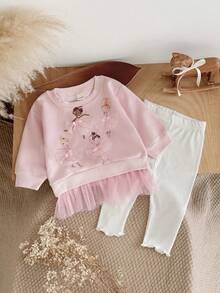 2Pcs/Set Baby & Toddler Girls Mesh Patchwork Sweatshirt Set, Ballet Girl Print Top With Frill Trim Leggings, 2 Pieces Outfit, Spring/Autumn - Pink - View 3