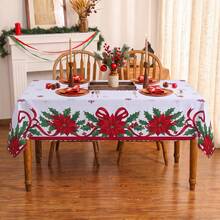 1pc Christmas Poinsettia Holly Leaf Snowflake Print Rectangular Tablecloth, Suitable For Holiday, Party, Birthday, Dinner, Restaurant Table Decor, Christmas Home Autumn/Winter Decoration - Multicolor - View 5