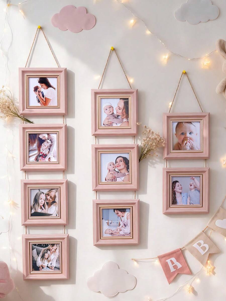 1pc Pink Hanging Photo Frame, Suitable For Displaying Mother And Baby Commemorative Photos, Decorative Frame For Displaying Multiple 4x4 Inch Square Photos, Creative Wall Decor For Baby Room, Storage And Display Of Children's Commemorative Photos, Single Frame Without Photos - Multicolor - View 1