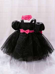 Baby Girls Big Bow Design Black Organza Cute Halloween Party Princess Dress Suitable For Ball, Does Not Include Headband And Handbag - Multicolor - View 7