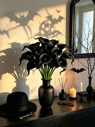 1/5/10/16pcs Realistic Black Calla Lily Artificial Flowers, Elegant Style, Suitable For Wedding, Home Decor, Room Decor, Bedroom Decor, Outdoor Garden Decor, Wreath, Wedding Arrangement, Tabletop Decor, Autumn Decor, Teacher Gift, Halloween
