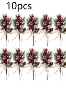10pcs/5pcs/1pc Set Artificial Red Berry Branches With Pine Needles And Jute Rope Bows, Christmas Pine Branch Floral Decoration, Artificial Red Berry Wreath Decor, Christmas Tree Decorative Bouquet Garland Holiday Props,Halloween - Multicolor - View 10