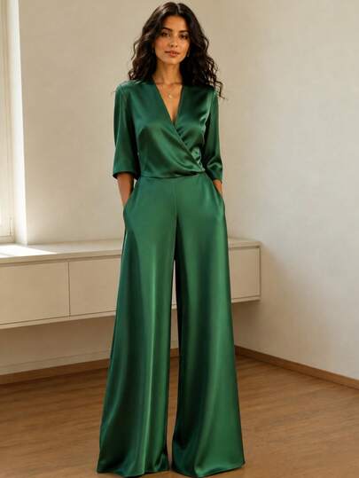 Eleganter Damen-Jumpsuit mit V-Ausschnitt Einfarbig aus Satin, minimalistisch und lässig