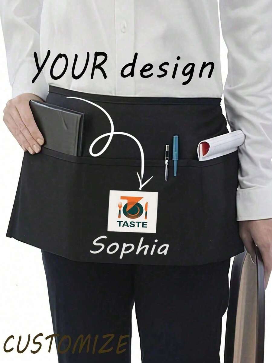 1pc Personalized Customized Neutral Polyester Apron, With 3 Pockets, Customizable Photo/Text, Short Waist Server Uniform, Black Hairdresser Apron, Hair Stylist Cosmetologist Beauty Gift Customization, Suitable For Kitchen, Baking And Chef Use