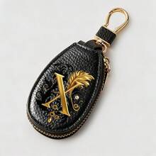 Litchi Pattern Key Bag -Black Gold Letters A-Z Car Key Protection Cover,PU Key Storage Clip,Zipper Bag,Car Key Storage Device,Car Keychain,Unisex Gift - Multicolor - View 43