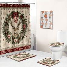 1pc/4pcs Christmas Reindeer Wreath Multi-Functional Bathroom Decor Shower Curtain Set, Free 12 Hooks, Premium Holiday Atmosphere, Bathroom Mat U-Shaped Floor Mat And Round Toilet Lid Cover, Suitable For All Christmas Scenes Decoration - Reindeer Wreath - View 7