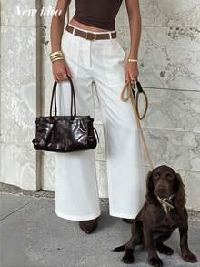 NEW IDEA Women's Casual White Fall Winter High Waist Wide Leg Pants, Pocketed Dress Trousers For Daily, Commute, Going Out & Dating Wear - White - View 6