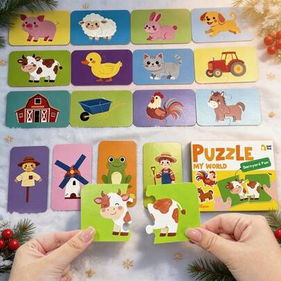 Juego de 16 piezas de rompecabezas de doble cara para niños pequeños, rompecabezas de emparejamiento con tema de granja, juego de tarjetas de vocabulario de granja, juguete educativo Montessori temprano, regalo de cumpleaños, Halloween, Navidad