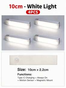 4 قطع شريط إضاءة LED دافئ USB 10/20/30/50 سم مع مستشعر حركة - شريط إضاءة LED بمستشعر حركة لاسلكي، إضاءة تحت الخزانة، مصباح ليلي مغناطيسي قابل للشحن قابل للالتصاق للممر وخزانة المطبخ والرف والخزانة وديكور المنزل - متعدد الألوان - مشاهدة 22