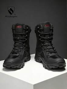 Men's Breathable Durable Side Zipper Lace-Up Round Toe High-Top Thick Sole Tactical Boots, Outdoor Hiking Desert Climbing Tactical Outdoor Spring Summer Suitable For Outdoor Hiking - Black - View 2