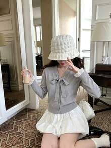 Autumn/Winter New Long Sleeve V-Neck Niche Design Vintage Unique Bow Tie Lace 2 In 1 Knit Sweater Top - Grey - View 4