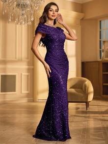UNITHORSE Women's Asymmetric Neckline Ruched Sequin Party Dress Wedding Elegant Fall - Purple - View 4