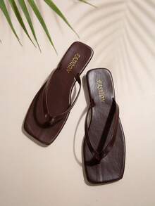 Spring/Summer New Women's Chocolate Brown Thong Sandals, Square Toe Flat Flip Flops, Casual Indoor/Outdoor Slippers - Chocolate Brown - View 9