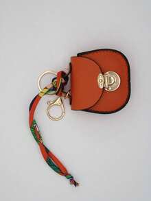 Lychee Texture Mini Saddle Coin Purse With Flap, Metal Clasp And Black Trim, Detachable Colorful Scarf Shoulder Strap - Multicolor - View 14