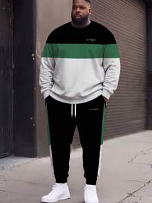 Men's Plus Size Crew Neck Long Sleeve Pullover Sweatshirt Set, 3-Color Contrast Striped Casual 2-Piece Outfit - Multicolor - View 5