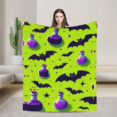 Printed Design No Texture Blanket, Halloween Bats And Magic Potion Themed Throw Blanket, Premium Long Lasting Printed Pattern, Durable For Use, Great For Halloween Holiday Decor, Ideal Gift For Festival Home Use