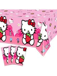 DOBBLE Pink Strawberry Print Cartoon Cat Style Rectangle Tablecloth, Disposable Waterproof Table Cover For Little Girls Birthday Party Dessert Table Favors - Multi-color - View 5