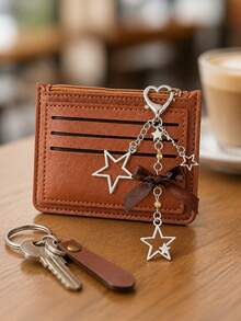 Minimalist Ultra-Thin Card Case, Featuring Delicate Heart-Shaped Star Bowknot Metal Chain Keychain, Money Bag, Card Holder, Wallet,Small Purse - Multicolor - View 1