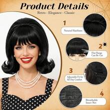 Short Bob Wig With Bangs For Women 60s 70s Retro Beehive Bouffant Black Wigs Vintage Costume Wig For Halloween Party Cosplay Fun Wig Shoulder Length - Multicolor - View 4