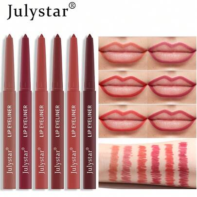 Julystar Set de 6 Lápices Delineadores de Labios Mate, Textura Cremosa de Terciopelo, Larga Duración Nude/Rojo/Marrón, Set de Maquillaje de Contorno de Labios Preciso, Adecuado para Maquillaje de Labios Diario