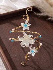 Ethereal Floral Spiral Arm Cuff, Fairy-Style Gold Flower Women's Arm Accessory, Aesthetic Jewelry - Blue Gold - View 2