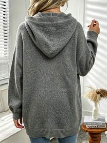 Sweater Rajut Lengan Panjang Berkerudung dengan Tali Silang, Warna Polos, Ukuran Besar, Gaya Kasual, Musim Gugur - Bunga abu-abu - View 4