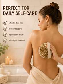 1pc Bamboo Body Exfoliating Brush, Dry & Wet Use Bath Brush With Massage Ball, Reusable Back Scrubbing Ball, Suitable For Shower, Bath And SPA - Multicolor - View 5