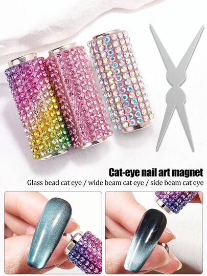 Conjunto de Arte de Unhas Olho de Gato com Cabo Totalmente Incrustado de Strass; Cria Facilmente um Efeito Translúcido de Halo de Olho de Gato. Adequado para Técnicos de Unhas Profissionais, Estagiários e Entusiastas de DIY