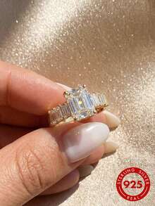 1pc 7ct Emerald Cut Moissanite Engagement Ring, Gold Plated Three-Stone Rectangular Side Stone Wedding Promise Ring, Suitable For Women Bride Jewelry - Style A-gold - View 10