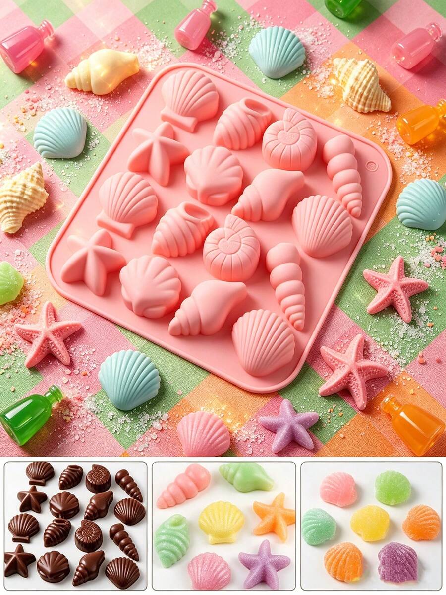 16-Cavity Ocean Shell Silicone Candy Mold, Silicone Easy Release Heat-Resistant With Pink Dropper, Suitable For Chocolate, Gummy, Jelly, Pudding, Ice Cubes And DIY Dessert Making - Multicolor - View 1